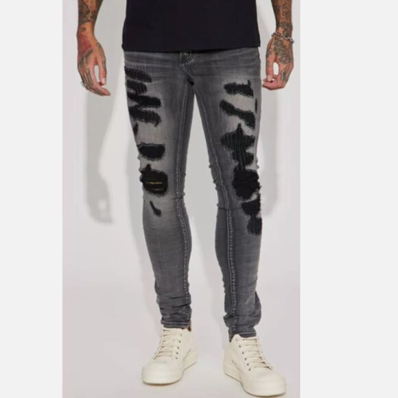 NWT Men's Sz 40 "Swag Ripped" Waxed Stacked Dark Skinny Jeans Denim - Black Wash - Picture 1 of 3